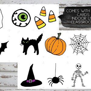 May include: Set of 10 printable Halloween themed cards featuring images of a ghost, eye, candy corn, black cat, pumpkin, spider web, witch hat, spider, skeleton, and bat.  Comes with matching cards for indoor use or classroom play.