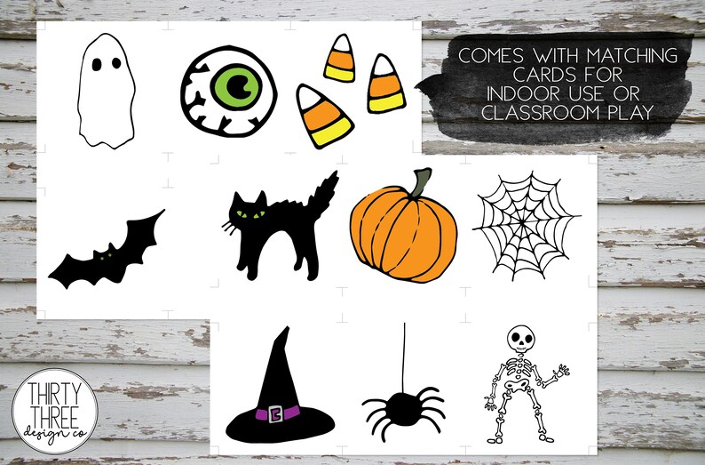 May include: Set of 10 printable Halloween themed cards featuring images of a ghost, eye, candy corn, black cat, pumpkin, spider web, witch hat, spider, skeleton, and bat.  Comes with matching cards for indoor use or classroom play.