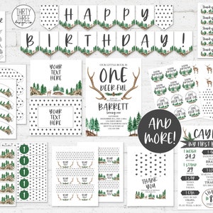One-Deer-Ful First Birthday Party Bundle | Woodland Printable Party Supplies for Kids | Boys Deer Birthday Decor | INSTANT EDITABLE TEMPLATE