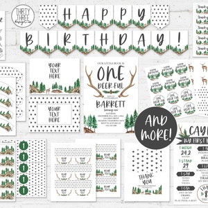 One-deer-ful First Birthday Party Bundle Woodland Printable Party Supplies  for Kids Boys Deer Birthday Decor INSTANT EDITABLE TEMPLATE 