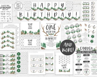 One-Deer-Ful First Birthday Party Bundle | Woodland Printable Party Supplies for Kids | Boys Deer Birthday Decor | INSTANT EDITABLE TEMPLATE