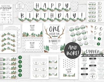 Zestaw na pierwsze urodziny Jelenia: Dekoracje leśne (szablon do edycji)