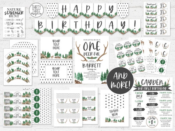 One-deer-ful First Birthday Party Bundle Woodland Printable Party Supplies  for Kids Boys Deer Birthday Decor INSTANT EDITABLE TEMPLATE 