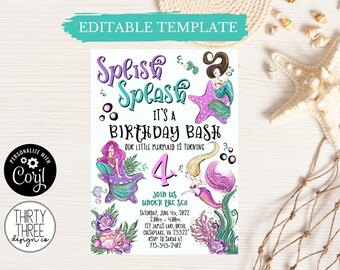 Zaproszenie urodzinowe z motywem syreny: impreza podwodna, edytowalny szablon (cyfrowy)