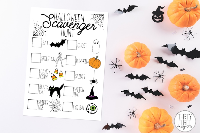 May include: A printable Halloween scavenger hunt checklist with black and white illustrations of a bat, ghost, skeleton, pumpkin, candy corn, spider, black cat, witch hat, spider web, and eyeball. The checklist is surrounded by black bats, spiders, and orange pumpkins.