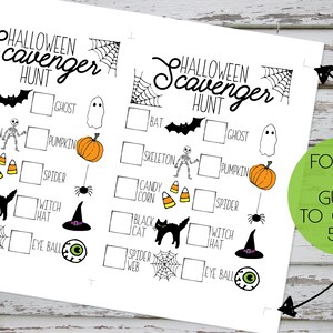 May include: Two black and white printable Halloween scavenger hunt checklists. Each checklist has 10 boxes with a Halloween-themed image and text next to each box. The text includes: bat, ghost, skeleton, pumpkin, candy corn, spider, black cat, witch hat, spider web, and eye ball. The text "FOLLOW THE GUIDES TO CUT TO 5"X7" is in a green circle on the right side of the image.