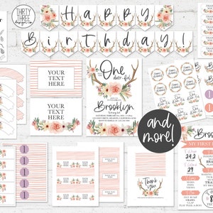 Isn&#39;t She One-Deer-Ful Printable Birthday Party Pack, Boho Deer First Birthday Party Bundle for Girls | INSTANT EDITABLE TEMPLATE