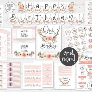 Isn't She One-Deer-Ful Printable Birthday Party Pack, Boho Deer First Birthday Party Bundle for Girls | INSTANT EDITABLE TEMPLATE