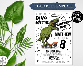 Zaproszenie na przyjęcie urodzinowe Dino-Mite: deskorolka T-Rex (edytowalny szablon, natychmiastowe pobranie)