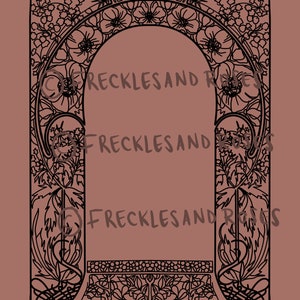 Peut inclure: Illustration en noir et blanc d'une arche décorative avec des détails floraux. L'arche est encadrée par une bordure carrée avec des motifs floraux. L'arche est vide.