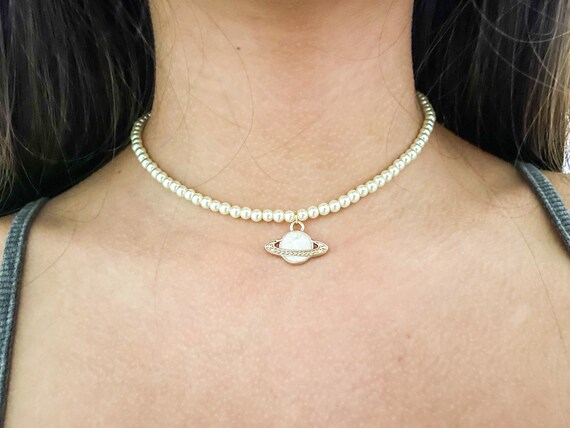 Pearl Planet Charm necklace saturn Necklace Pearl Necklace Trendy jewelry dainty Jewelry