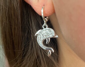 Dainty dolphin earrings/silver earrings/rhinestone earrings/dolphin jewelry/silver jewelry/dainty jewelry