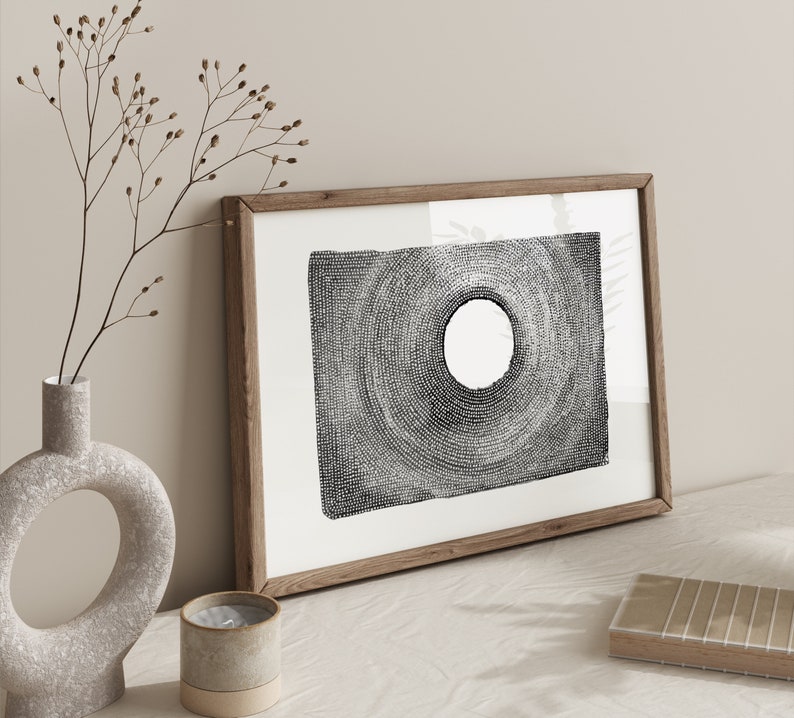 Printable art of an original watercolour and ink painting in black, grey and white.  Abstract artwork in a rectangular format. A minimalistic japandi, wabi-sabi style that celebrates beauty in simplicity. Modern contemporary zen poster.