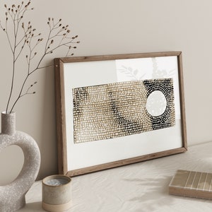 Printable art of an original watercolour and gouache painting in taupe hues and white.  Rectangular format.  Abstract artwork in a minimalistic japandi wabi-sabi style that celebrates beauty in simplicity. Dot wall art.