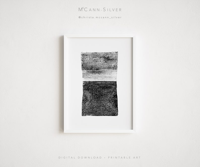 Printable art of an original watercolour and gouache painting in black and white.  Rectangular format. Abstract artwork in a minimalistic japandi wabi-sabi style that celebrates beauty in simplicity and imperfection. Dot wall art. Modern poster.