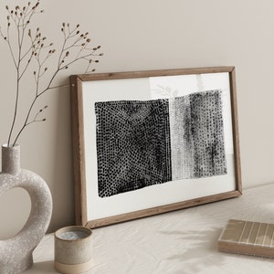 Printable art of an original watercolour and gouache painting in black and white.  Rectangular format. Abstract artwork in a minimalistic japandi wabi-sabi style that celebrates beauty in simplicity and imperfection. Dot wall art. Modern poster.