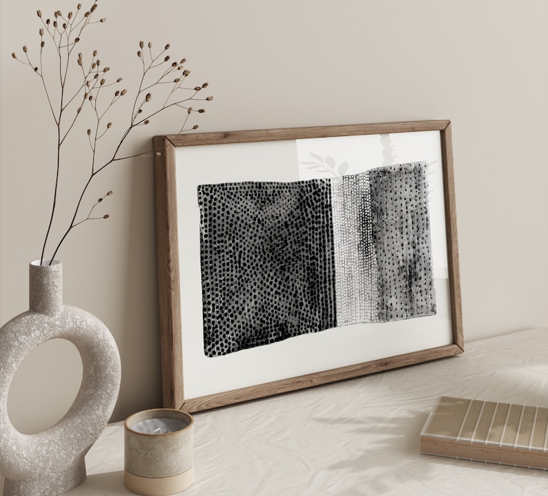 Printable art of an original watercolour and gouache painting in black and white.  Rectangular format. Abstract artwork in a minimalistic japandi wabi-sabi style that celebrates beauty in simplicity and imperfection. Dot wall art. Modern poster.