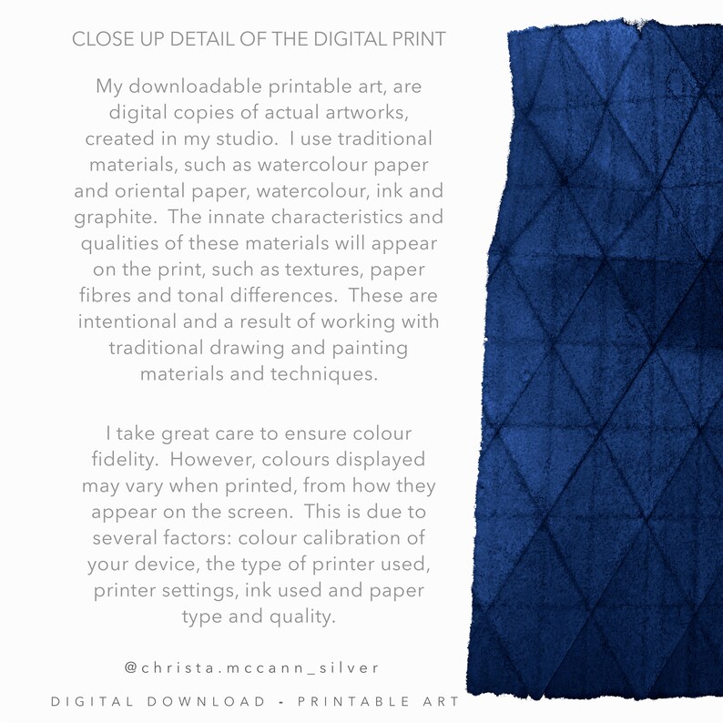 May include: Close-up detail of a digital print with a blue watercolour background. The text reads: "CLOSE UP DETAIL OF THE DIGITAL PRINT. My downloadable printable art, are digital copies of actual artworks, created in my studio. I use traditional materials, such as watercolour paper and oriental paper, watercolour, ink and graphite. The innate characteristics and qualities of these materials will appear on the print, such as textures, paper fibres and tonal differences. These are intentional and a result of working with traditional drawing and painting materials and techniques. I take great care to ensure colour fidelity. However, colours displayed may vary when printed, from how they appear on the screen. This is due to several factors: colour calibration of your device, the type of printer used, printer settings, ink used and paper type and quality. @christa.mccann_silver DIGITAL DOWNLOAD - PRINTABLE ART"