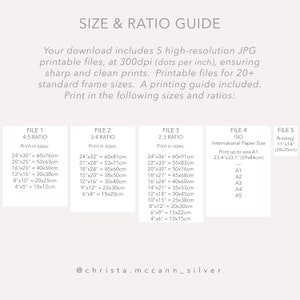 May include: A chart with a size and ratio guide for printable files. The chart lists different file sizes in inches and centimetres, with corresponding ratios for printing. The chart includes standard paper sizes like A1, A2, A3, A4, and A5.
