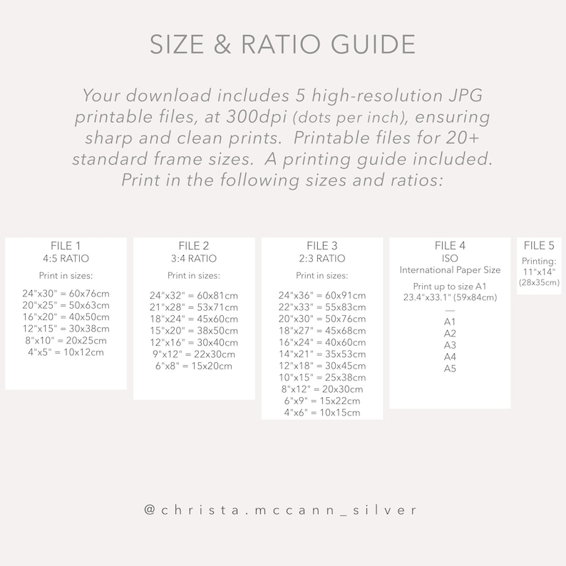May include: A chart with a size and ratio guide for printable files. The chart lists different file sizes in inches and centimetres, with corresponding ratios for printing. The chart includes standard paper sizes like A1, A2, A3, A4, and A5.
