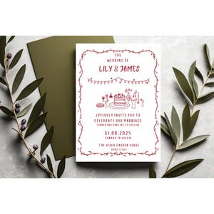 Convite de casamento mediterrâneo moderno desenhado à mão, modelo Canva, editável, exclusivo, desenhado à mão, ilustrado, tema mediterrâneo