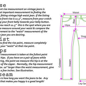 Peut inclure: Diagramme expliquant comment mesurer un jean pour la hauteur, la taille, les hanches, l'entrejambe et la couture ext&eacute;rieure. Le texte explique chaque mesure, y compris la hauteur avant &agrave; 29.2 cm. Le diagramme montre un jean vert avec des lignes roses.