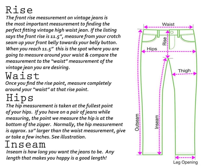 Peut inclure: Diagramme expliquant comment mesurer un jean pour la hauteur, la taille, les hanches, l'entrejambe et la couture ext&eacute;rieure. Le texte explique chaque mesure, y compris la hauteur avant &agrave; 29.2 cm. Le diagramme montre un jean vert avec des lignes roses.