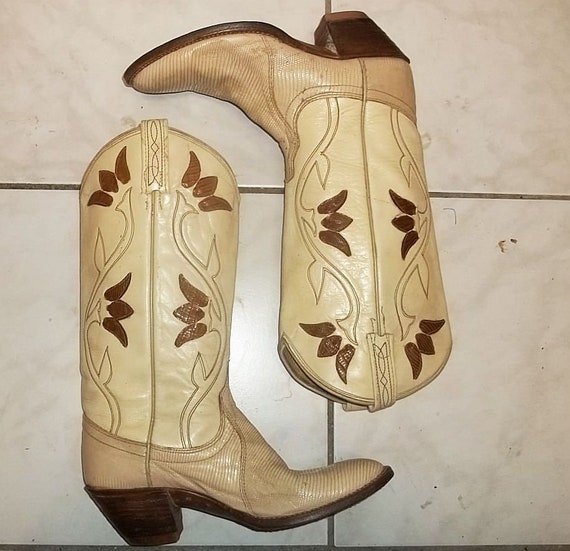 Vintage Dan Post Cowgirl Boots Lizard Skin With Inlay Western