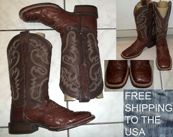 Dan Post cowgirl boots wide square toes ostrich vamp brown color US womens size 6.5 M slightly worn nice free shipping to USA