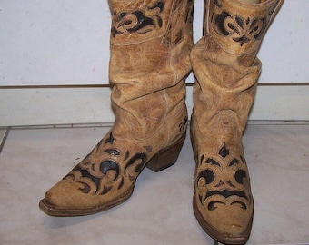 Corral Slouch Boots cowgirl western : Distressed Beige Leather, US womens 7.5 M
