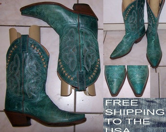 Justin cowgirl boots western model L4302 11" shaft 2.5" heels turquoise color womens size 10 B  gently worn very good free shipping to USA