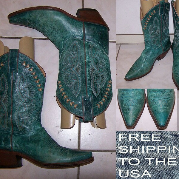 Justin cowgirl boots western model L4302 11" shaft 2.5" heels turquoise color womens size 10 B  gently worn very good free shipping to USA