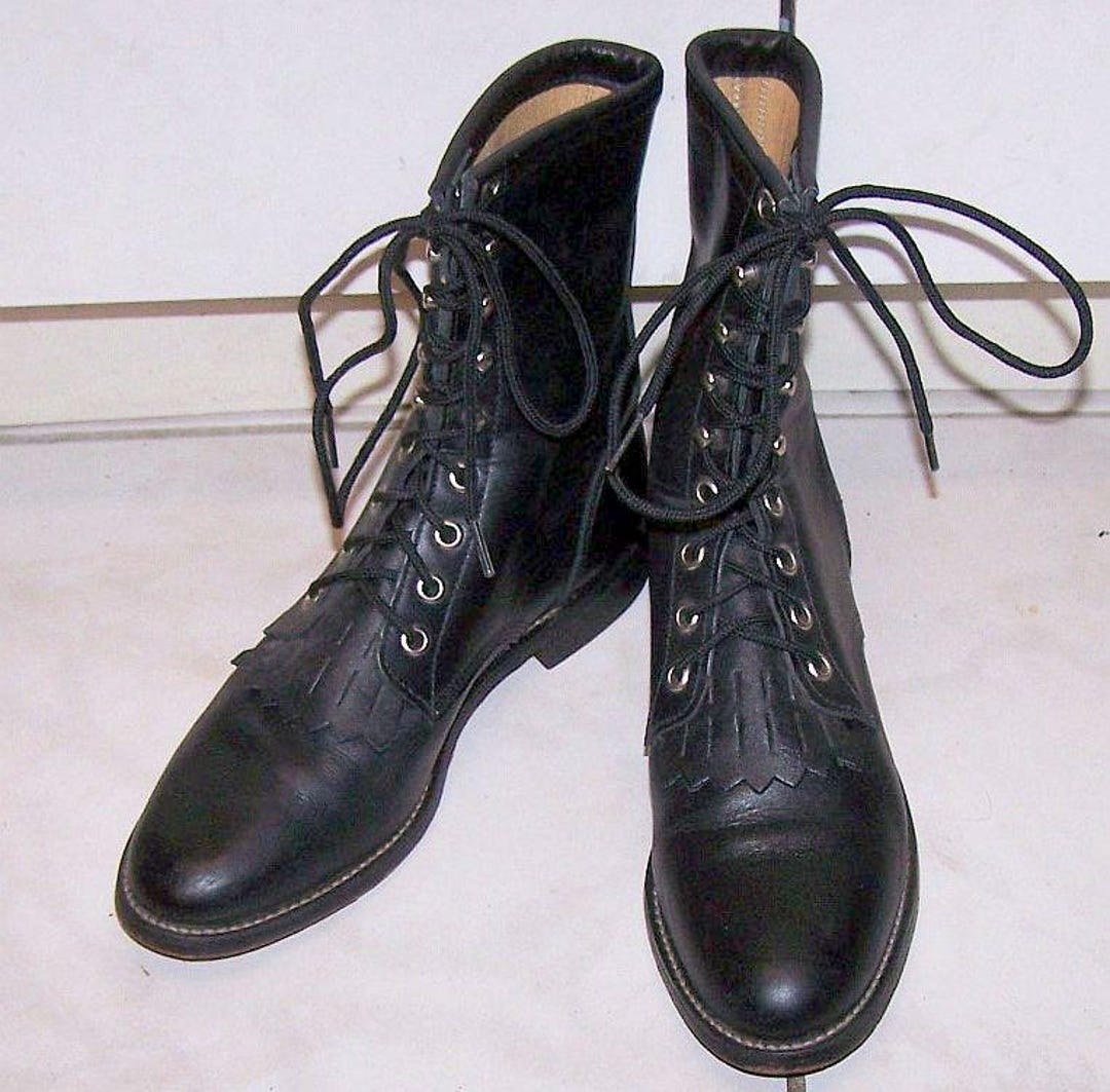 size 8 B Vintage Justin Black Lace-Up Leather western/riding/granny style Boots Justin Black Leather Lace up Roper Boots Size 4 / Western  main image 3