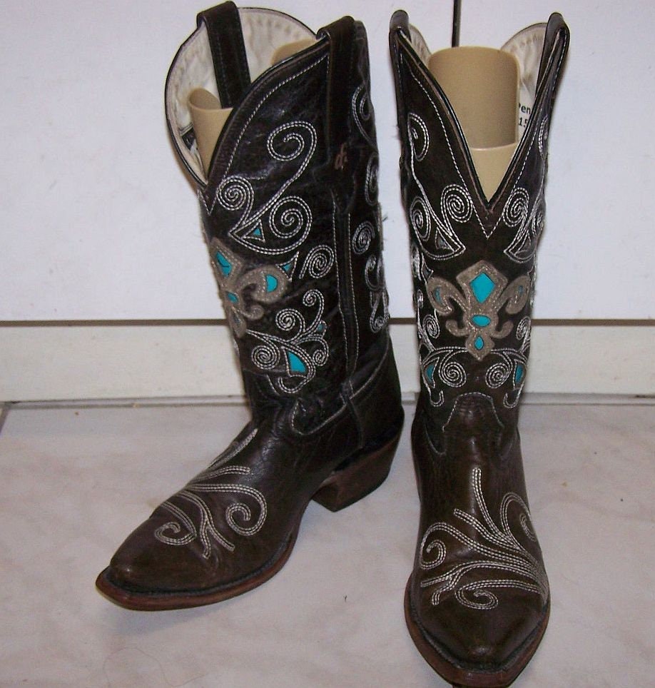 Dusty Blue Rocker Dusty Rocker Cowgirl Boots W Interchangable Inlay Dark Olive Leather US ...