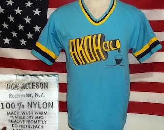 Don Alleson jersey novelty Akohol Alcohol theme print vintage 1970s bright blue ringer knitted nylon medium laundered good condition