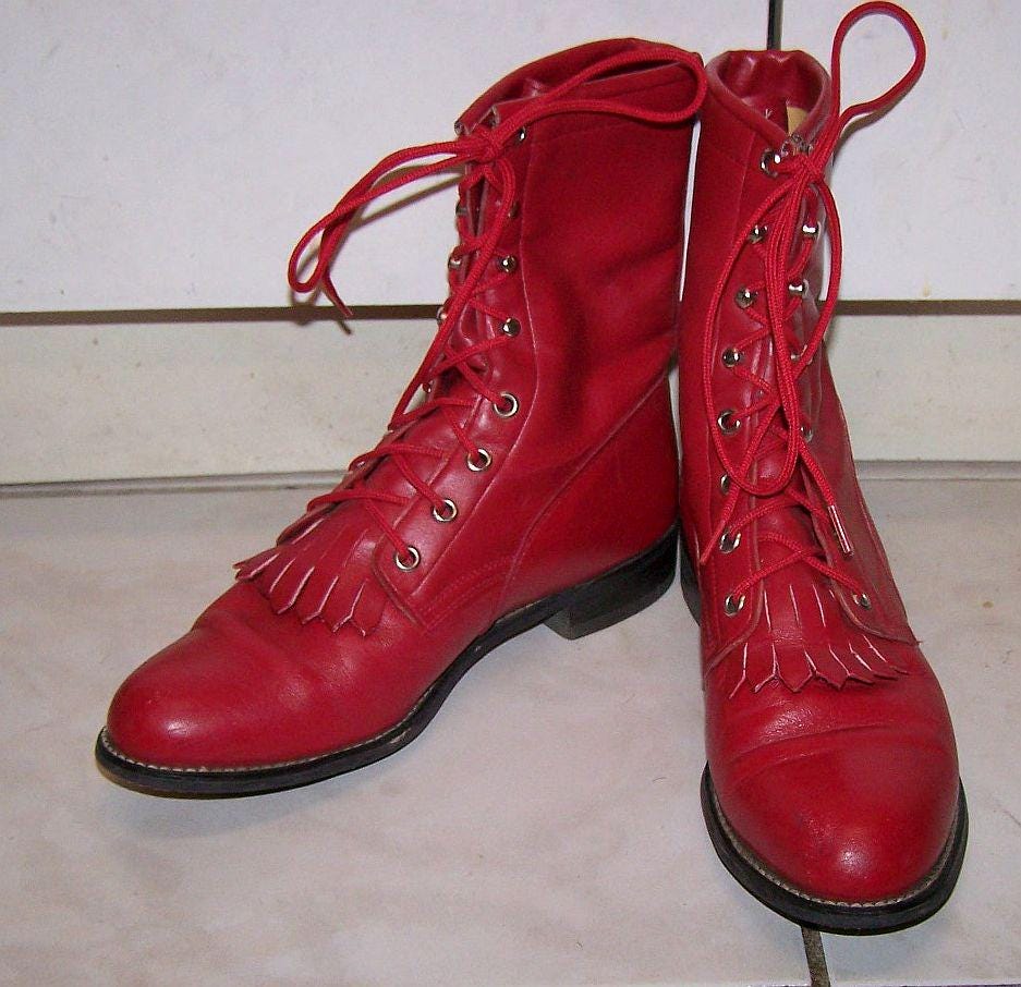 Texas Kiltie Boots Cowgirl Granny Lace up Vintage Red Color  display picture 1