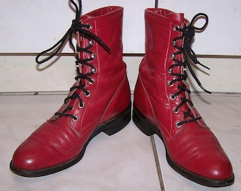 Vintage Justin Roper Boots: Red Leather Lace-Up Granny Style, US 6B
