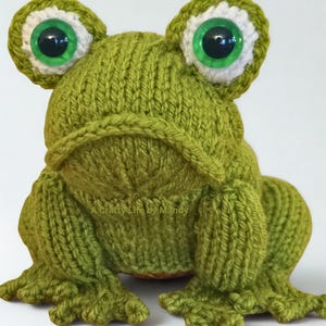 Puede incluir: Una rana tejida a mano, en tonos verdes. La rana tiene ojos grandes y redondos con detalles blancos y verdes y pupilas negras. El cuerpo de la rana está detallado con tejido texturizado. El texto "A Crafty Life by Mandy" es visible.