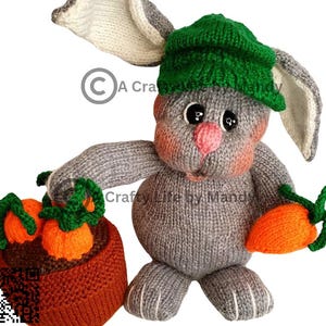May include: A handmade knitted bunny doll in gray, wearing a green hat, holding an orange carrot and a basket of carrots. The bunny has pink accents on its nose and cheeks. The doll is a whimsical Easter-themed item.