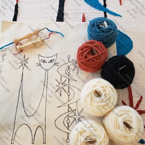 Mid-Century Modern, Atomic Cat Rug Hooking/Punching Kit On Monks Cloth 9 inch X 11.5 inch