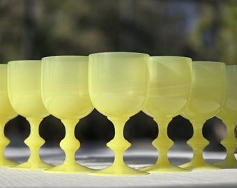 Portieux Vallerysthal PV France Yellow Opaline Uranium Water (or Wine) Goblets | Set of 8 (2 Sets Available) - Yes, they glow!