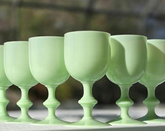 Portieux Vallerysthal Opaque Soft Jade Green Opaline Water (or Wine) Goblets | Set of 6