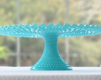 Fenton Turqouise Blue Hobnail Milk Glass Pedestal Cake Stand, 1950s