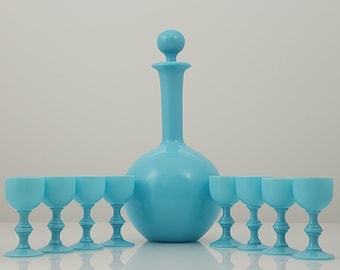 Portieux Vallerysthal Blue Opaline Milk Glass Decanter and Cordial Set