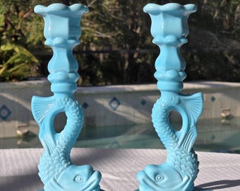 Westmoreland Blue Milk Glass Dolphin Candlestick Holder | Set of 2