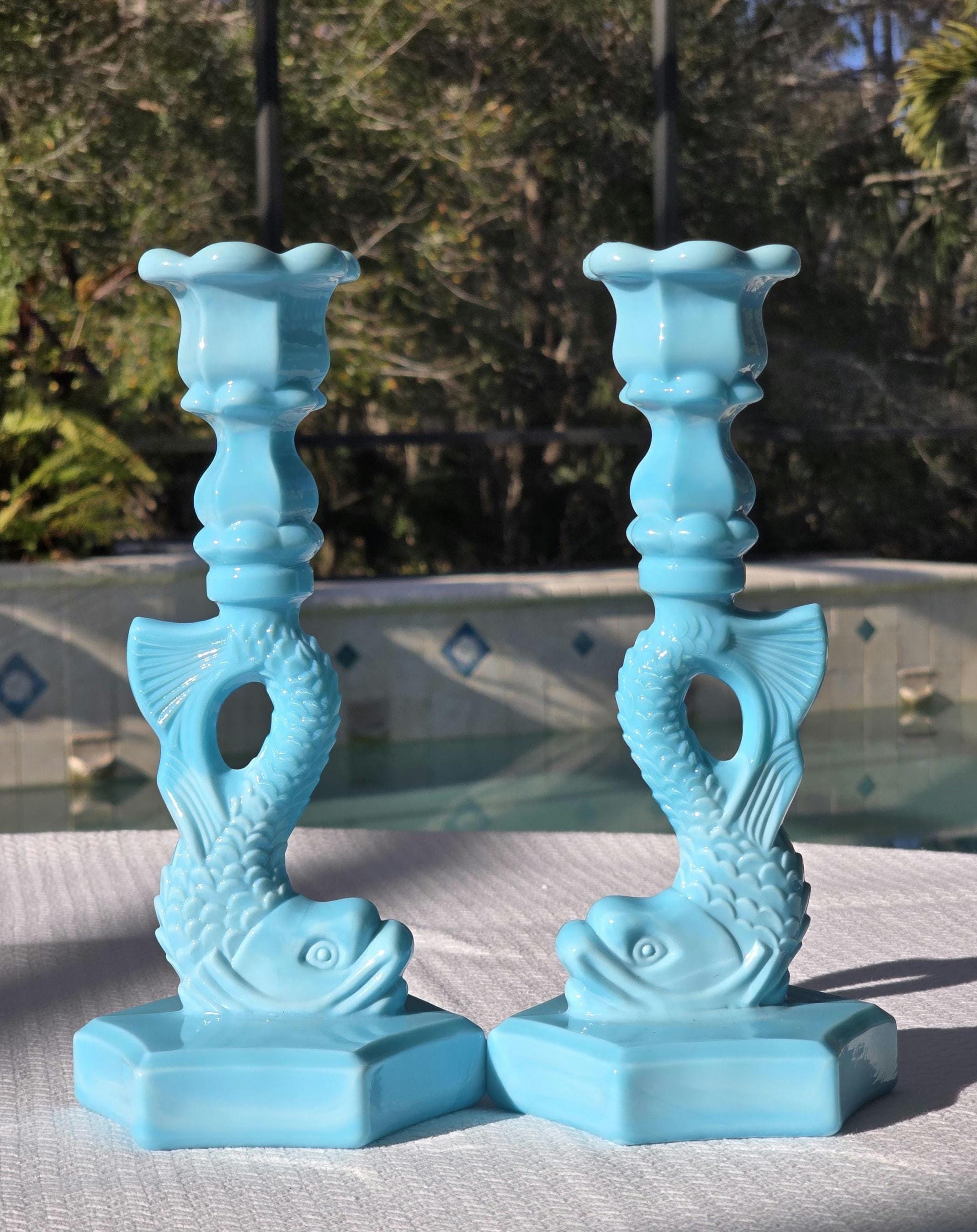 Westmoreland Blue Milk Glass Dolphin Candlestick Holder