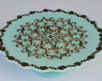 Fenton Pastel Green Milk Glass Pedestal Cake Stand - Rare Spanish Lace Pattern Hand Painted Gold Mint Green Cake Stand 1950s