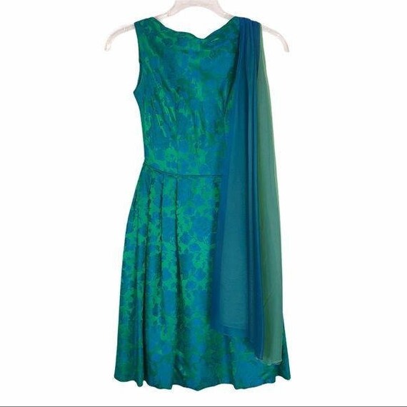 Vintage Green & Blue Silk Dress w Scarf attached