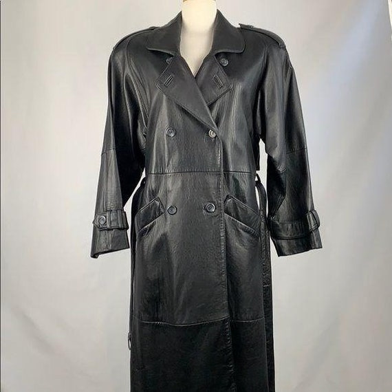 Black Leather Vintage Trench Coat with Belt