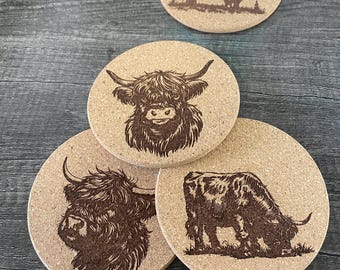 Highland Cow Cork Coaster Set